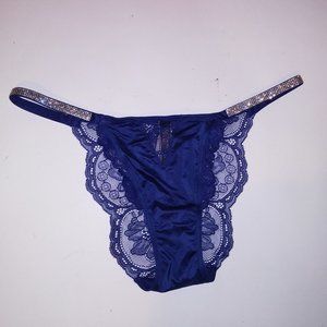 Victoria Secret Panty Small Cheeky Navy Blue Shine Strap Lace Back QD2